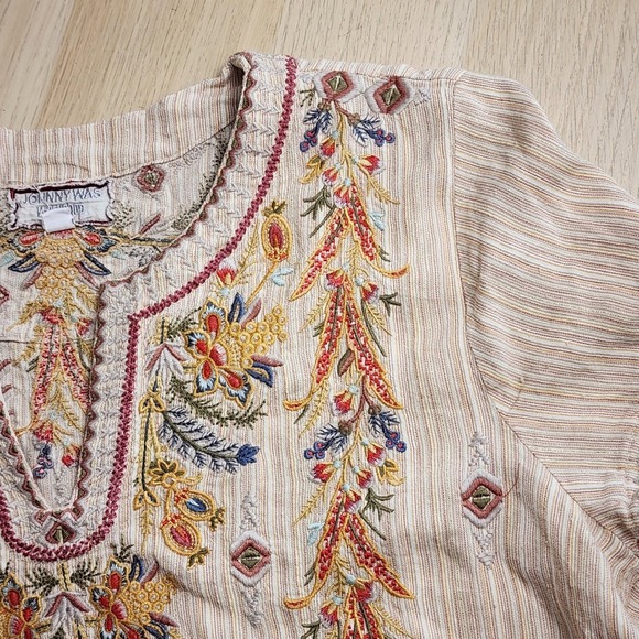 Johnny Was Workshop Embroidered Cotton Linen Tunic Bohemian Floral Stripe Sz Med - Picture 11 of 16